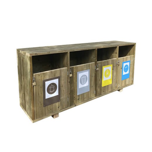 Papelera reciclaje de madera de cuatro residuos