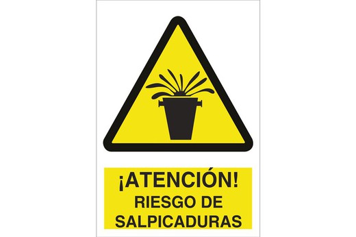 Señal advertencia pictorama y texto - ¡atención! Riesgo de salpicadura