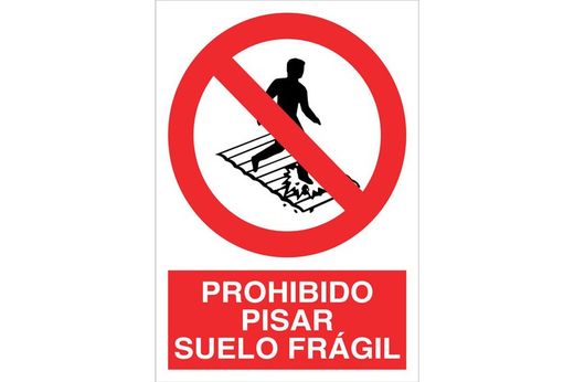 Señal prohibido pictograma y texto - prohibido pisar suelo frágil