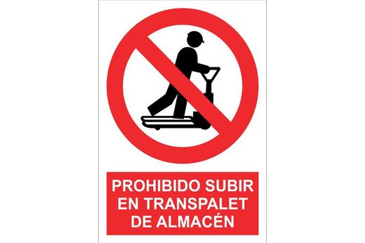 Señal prohibido pictograma y texto - subir en el transpalet de almacén